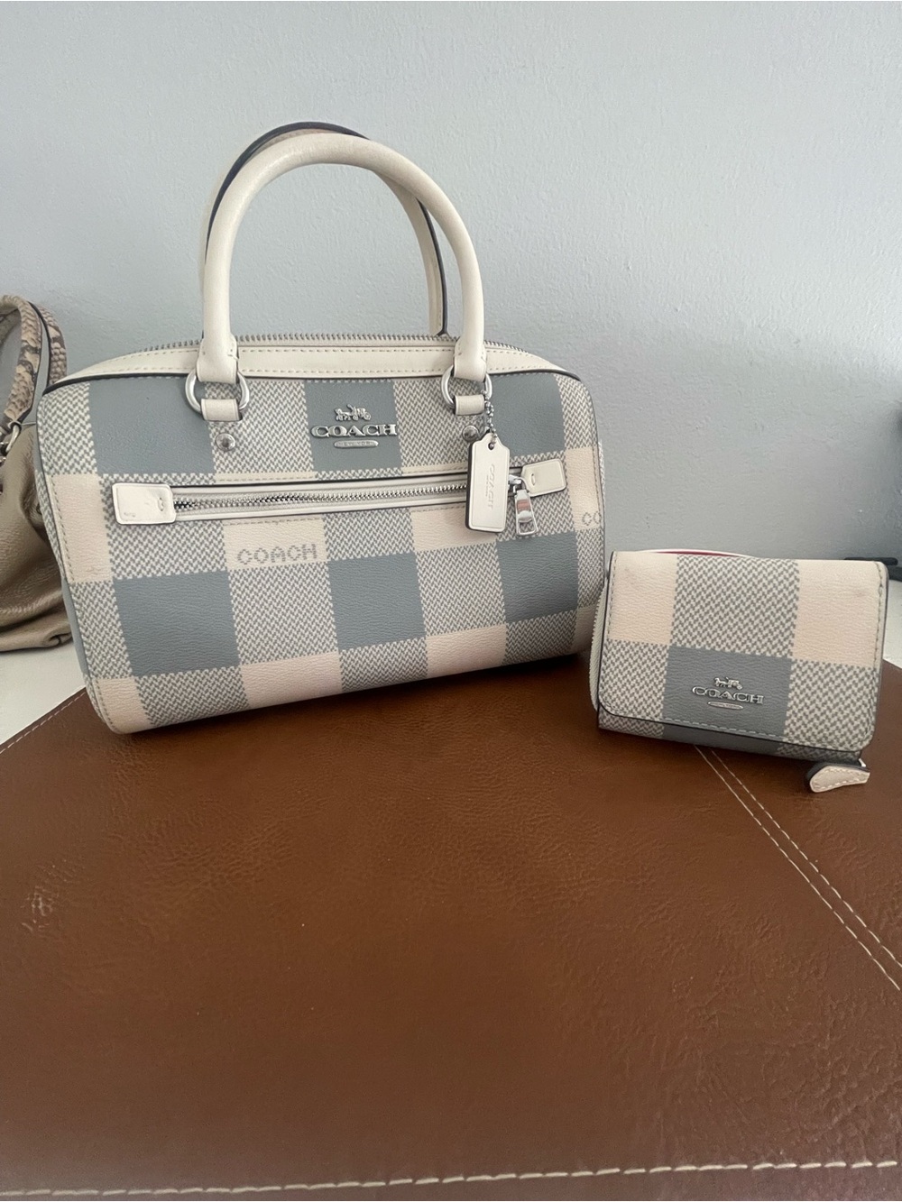 COACH Plaid Dome Satchel and Wallet Set in  gray and cream